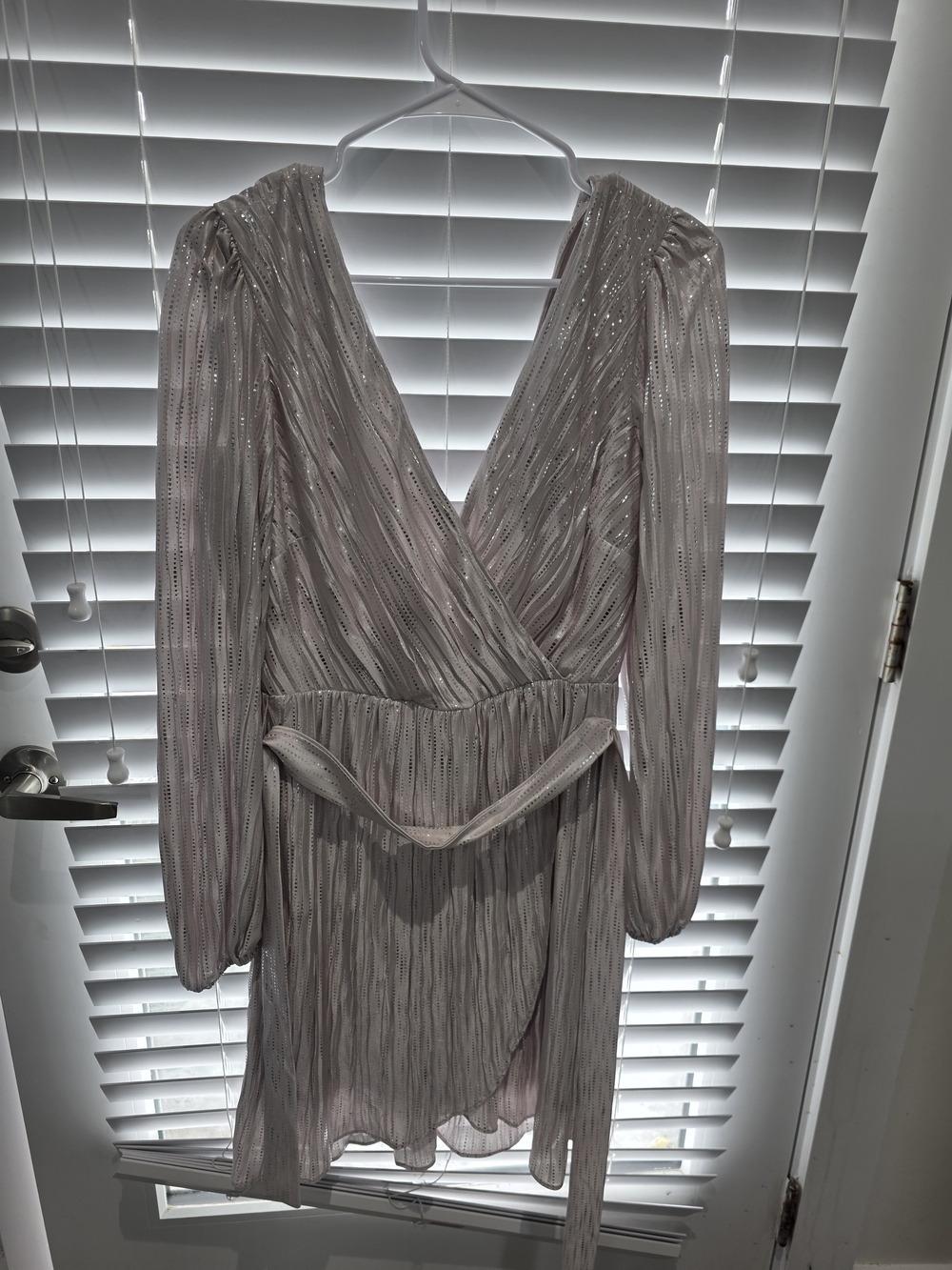 Guess Long Sleeve Wrap Dress in Grey with Silver Accents
